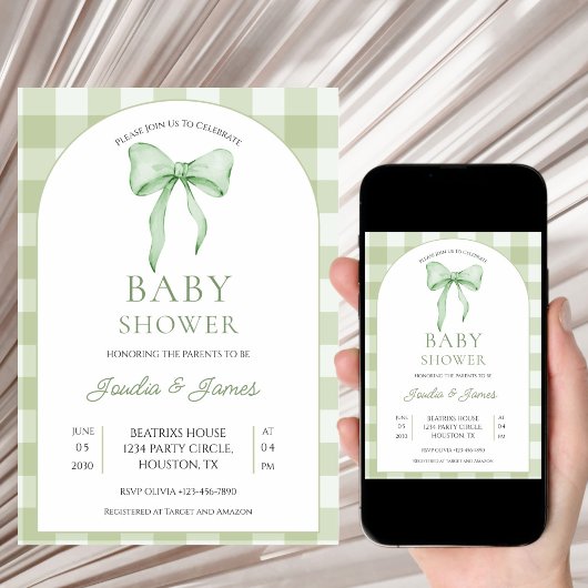 sage green Bow Gingham Baby Shower Invitation
