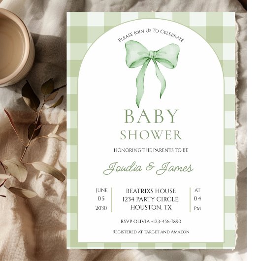 sage green Bow Gingham Baby Shower Invitation