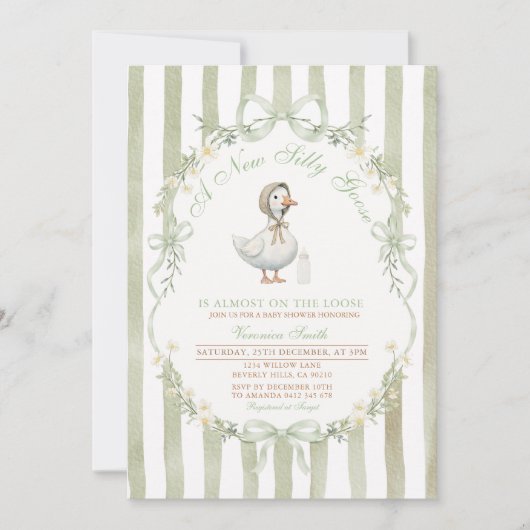 Sage Green Bow Silly Goose Baby SHOWER Invitation Kaart (Voorkant)