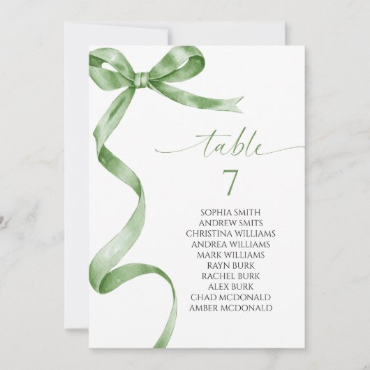 Sage Green Bow Tafel Nummer Zitplaatskaart Kaart (Voorkant)