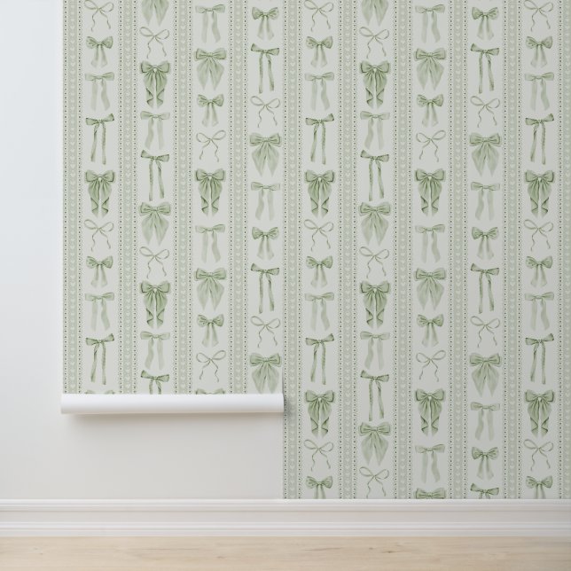 Sage Green Bows and Lace in Vertical Stripes Behang (Applicatie)