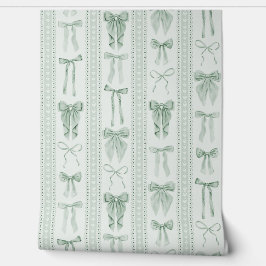 Sage Green Bows and Lace Vertical Stripes Behang
