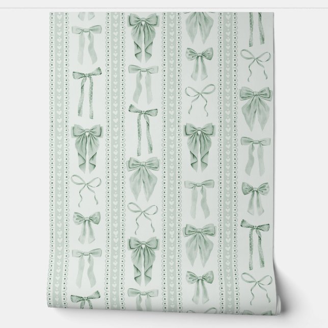 Sage Green Bows and Lace Vertical Stripes Behang (Afrollen)