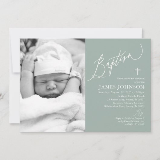 Sage Green Boy Baptême Photo Invitation (Devant)