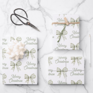 Sage Green Buffalo Plaid Bow Vrolijk Kerstfeest Inpakpapier Vel