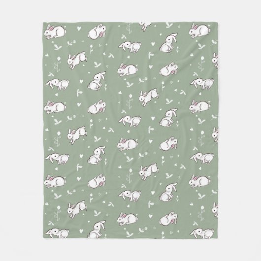 Sage Green Bunny Patterned Fleece Deken (Voorkant)
