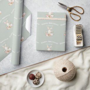 Sage Green Bunny Rabbit Girl Personalized Cadeaupapier