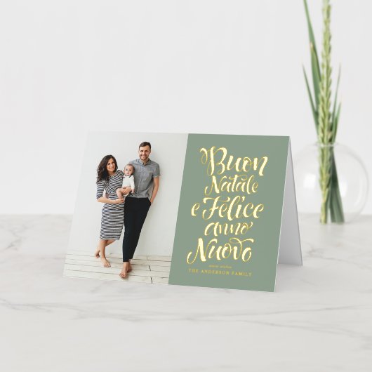 Sage Green Buon Natale Kalligrafie Kerstfoto Folie Feestdagenkaart (Voorkant)
