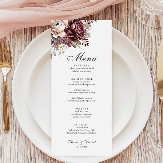 Sage Green & Burgundy Floral Mariage Menu