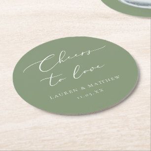 Sage Green Calligraphy Cheers to Love Wedding Ronde Kartonnen Onderzetter