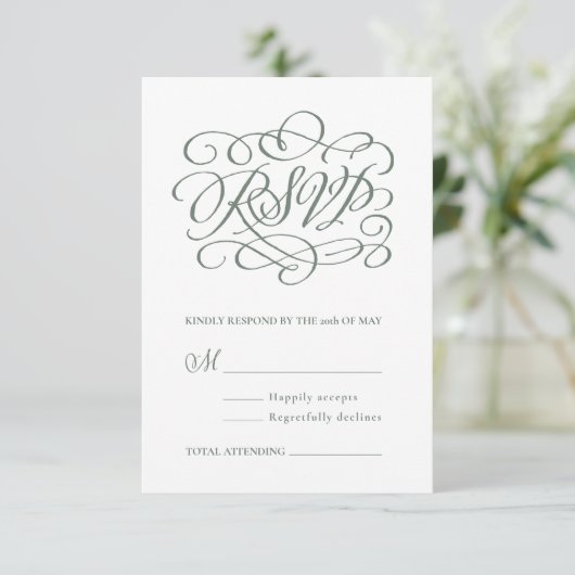Sage Green Calligraphy Wedding RSVP Card Bedankkaart (Staand voorkant)