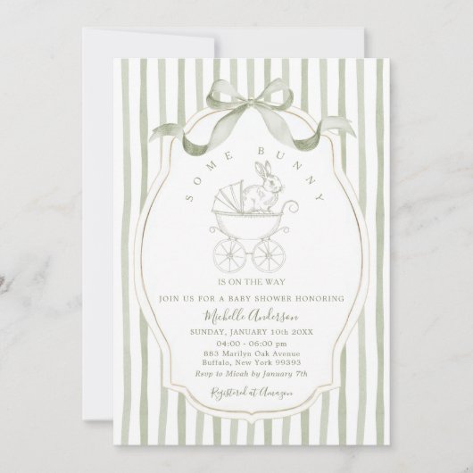 Sage Green Carriage Bunny Baby Shower Invitation (Devant)