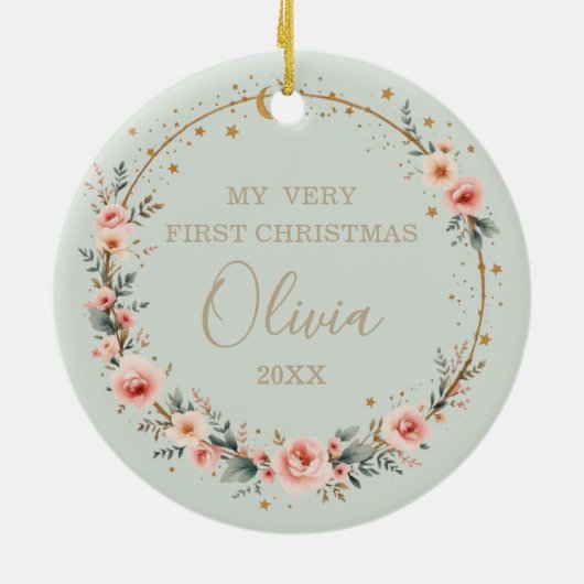 Sage Green Celestial Baby First Christmas Photo Keramisch Ornament (Achterkant)