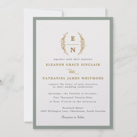 Sage Green & Champagne Gold Monogram Huwelijk Kaart (Voorkant)