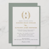 Sage Green & Champagne Gold Monogram Huwelijk Kaart (Voorkant / Achterkant)