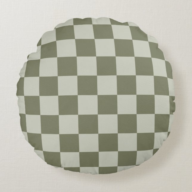 Sage Green Checkerboard Rond Kussen (Voorkant)