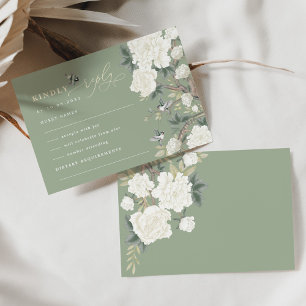 Sage Green Chinoiserie Bird Peony Wedding RSVP Kaart