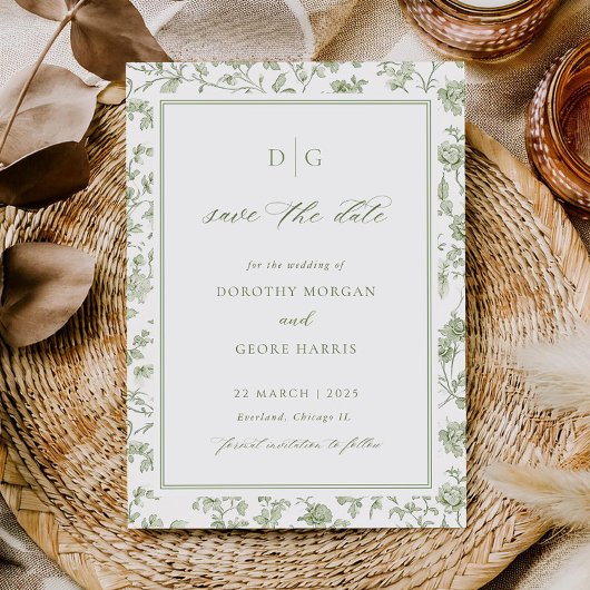 Sage Green Chinoiserie Flat Save the Date Kaart