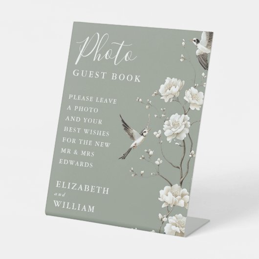 Sage Green Chinoiserie Foto Gastboek Trouwen Reclamebord Met Voetstuk (Voorkant)
