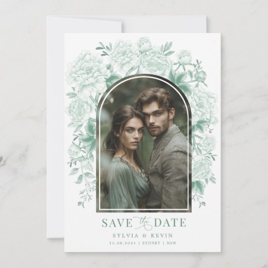 Sage Green Chinoiserie Vogelpioen Save the Date Kaart (Voorkant)