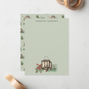 Sage Green Christmas Lantern Pine Berries Notitiekaartje