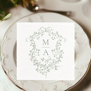 Sage Green Classic Floral Crest Monogram Huwelijk Servet