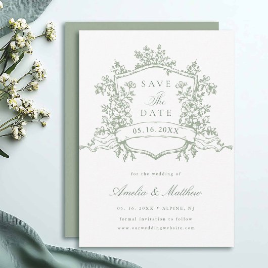 Sage Green Classic Floral Crest Wedding Save The Date