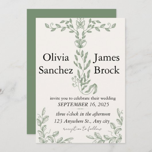 Sage Green Classic Floral Wedding Invitation (Devant / Derrière)