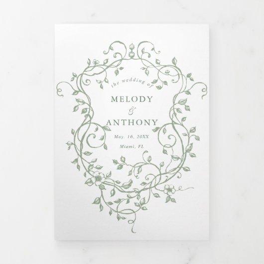 Sage Green Classic Franse Victoriaans Bloemen Huwe Drieluik Uitnodiging (Cover)
