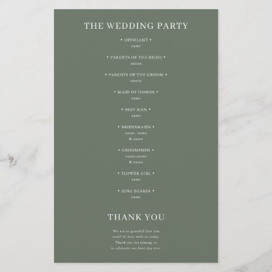 Sage Green Classic Programme de mariage minimalist (Dos)