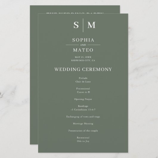 Sage Green Classic Programme de mariage minimalist (Devant / Derrière)