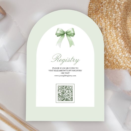 Sage Green Coquette Bow Arch QR Code Baby shower Kaart