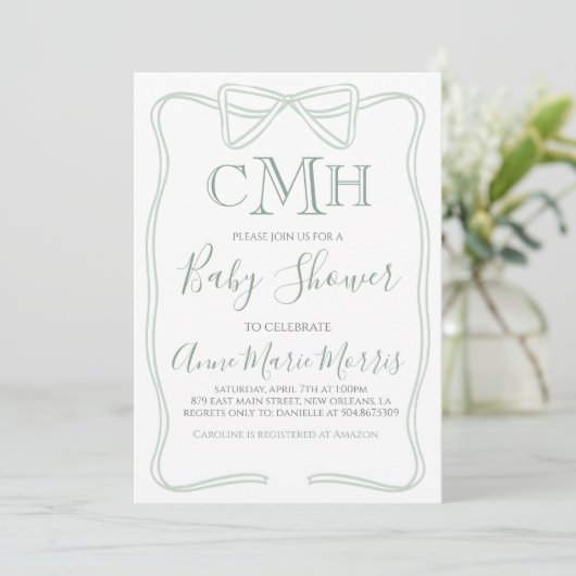 Sage Green Coquette Bow Baby shower MAAK ELKE KLEU Kaart (Staand voorkant)