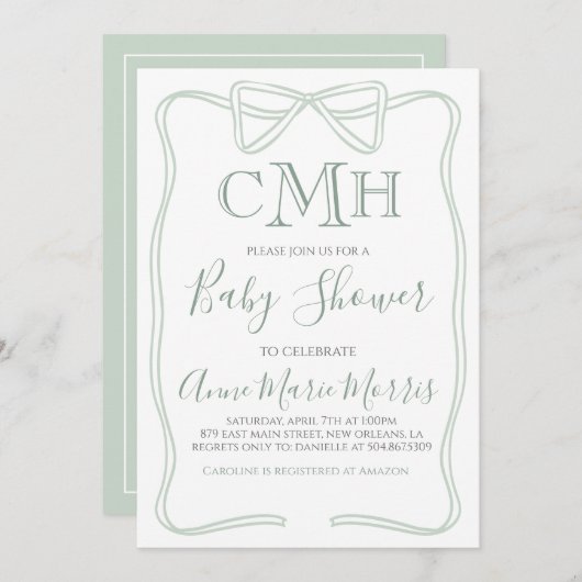 Sage Green Coquette Bow Baby shower MAAK ELKE KLEU Kaart (Voorkant / Achterkant)