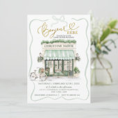 Sage Green Coquette Bow Parijse Cafe Baby shower Kaart (Staand voorkant)