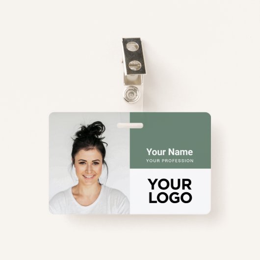 Sage Green Corporate Employee Photo Logo Name Badge (Voorkant met clip)