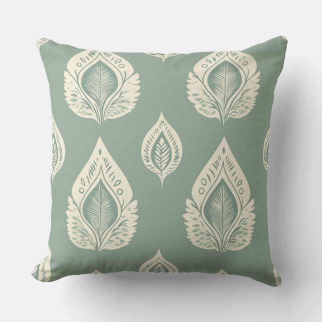 Sage Green Cream Artistic Leaves Natuur Kussen (Voorkant)