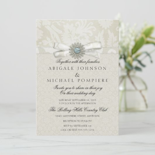 Sage Green & Cream Wedding Invitation with Sparkle Kaart (Staand voorkant)