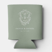Sage Green Crest Modern Monogram Huwelijk Blikjeskoeler (Achterkant)