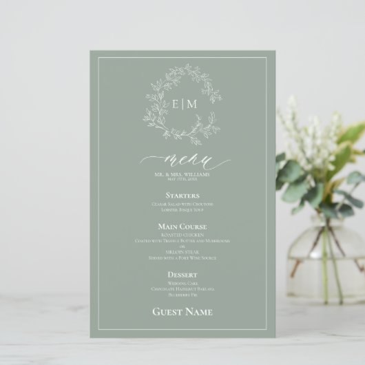 Sage Green Crest Monogram Mariage invité Menu (Debout devant)