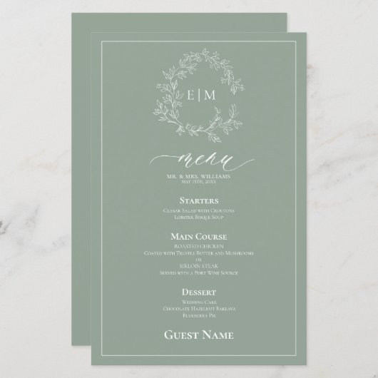 Sage Green Crest Monogram Mariage invité Menu (Devant / Derrière)