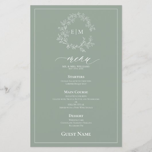 Sage Green Crest Monogram Mariage invité Menu (Devant)