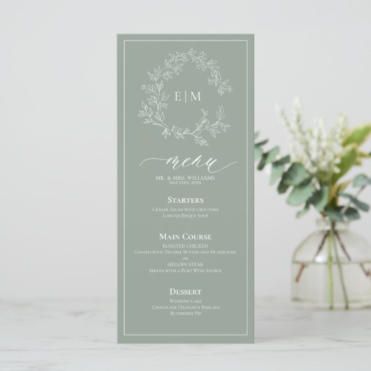 Sage Green Crest Monogram Mariage Menu (Debout devant)