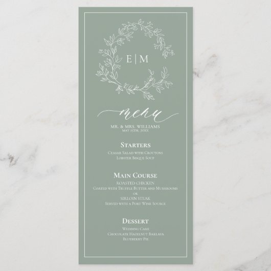 Sage Green Crest Monogram Mariage Menu (Devant)
