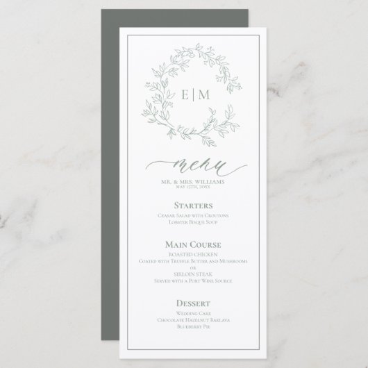 Sage Green Crest Monogram Mariage Menu (Devant / Derrière)