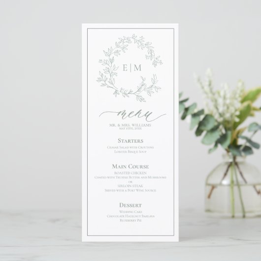 Sage Green Crest Monogram Mariage Menu (Debout devant)