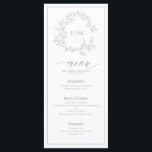 Sage Green Crest Monogram Mariage Menu<br><div class="desc">Créez le cadre de réception parfait ! Nous aimons ce menu mariage de 4"x 9" vert sauge moderne et tendance ! Simple, élégant et oh-so-joli, il présente une couronne feuilletée dessinée à la main encerclant un monogramme mariage moderne. Il est personnalisé en typographie élégante, et accentué par la calligraphie lettrée...</div>