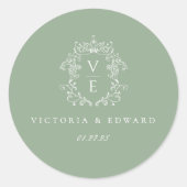 Sage Green Crest Monogram Wedding Envelope Seal Ronde Sticker (Voorkant)