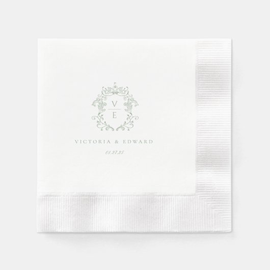 Sage Green Crest Monogram Wedding Servet (Voorkant)