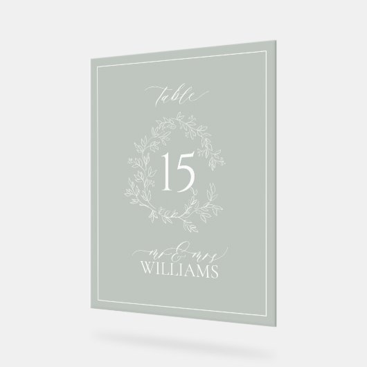Sage Green Crest Monogramme Mariage Numéro de tabl (Angle)